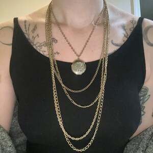 Vintage Multi-Strand Gold Layered Necklace with Round Locket Pendant